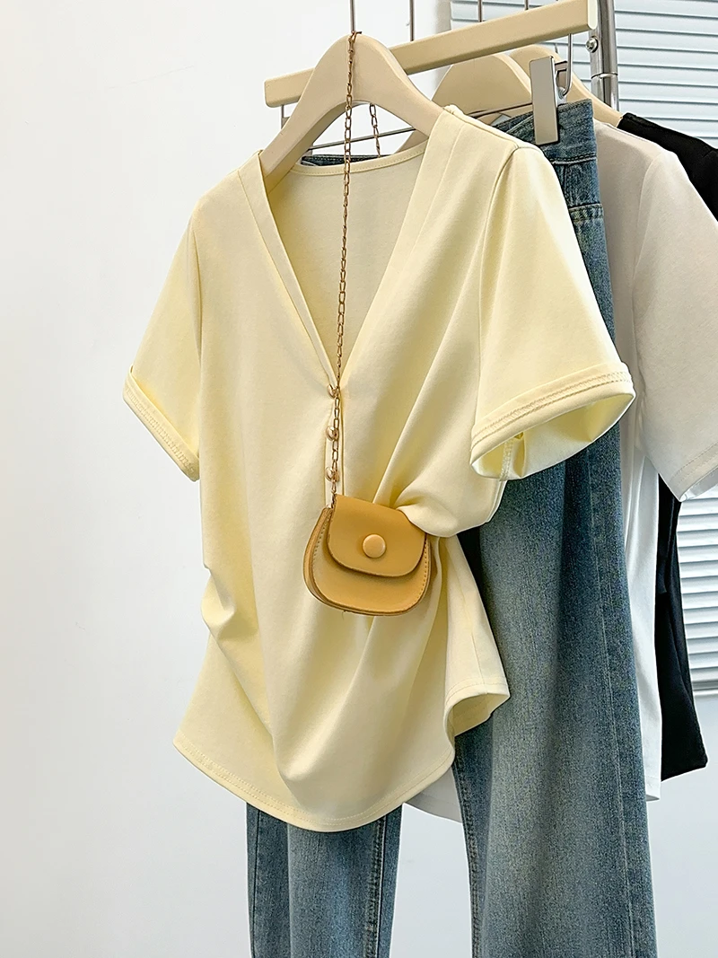 2025夏装新款胖mm大码女时尚百搭显瘦v领收腰弧形短袖T恤35333