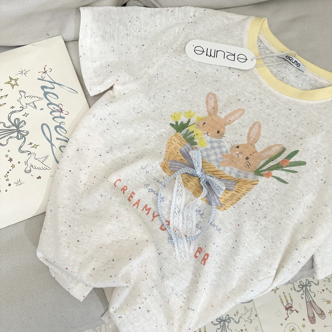 千万祖贤「 卡通减龄」韩国蝴蝶结宽松韩版短袖t恤打底衫女潮#5585