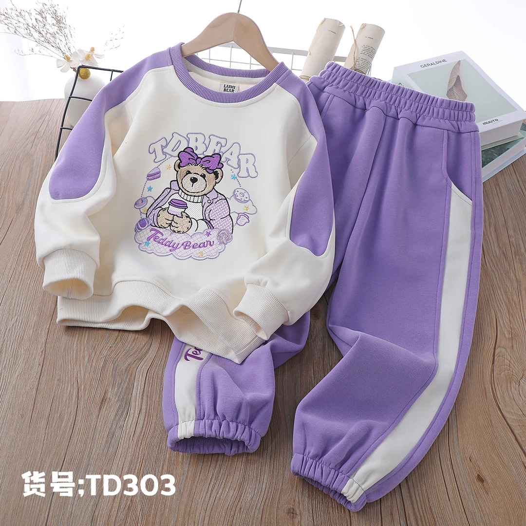 TD303紫色蝴蝶结卡通小熊女宝宝日常儿童套装