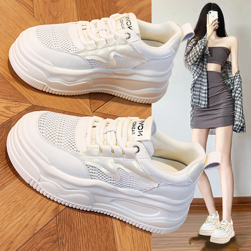 小白鞋女2025夏季新款真皮厚底内增高百搭休闲网面透气舒适板鞋