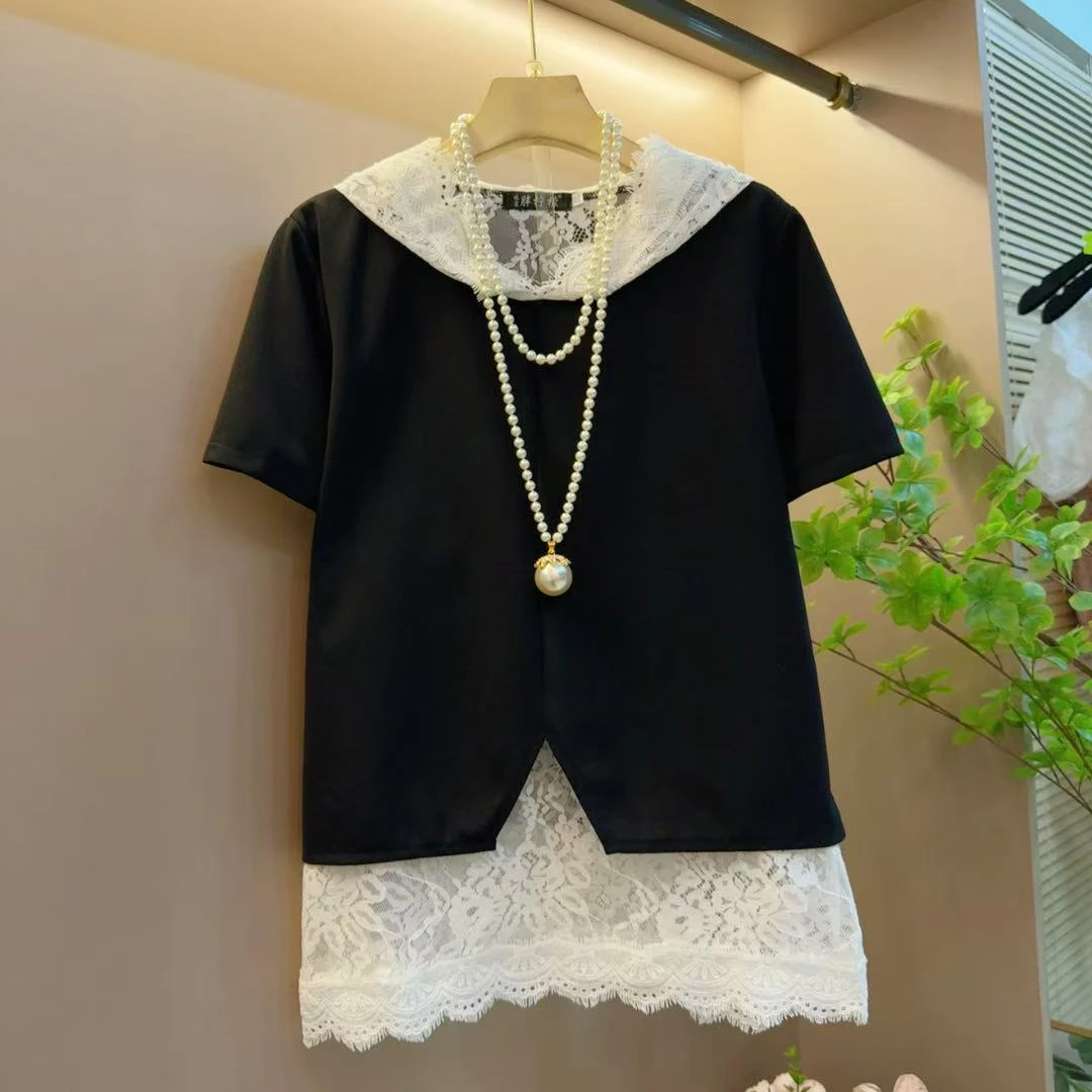 时尚宽松显瘦百搭蕾丝连帽拼接休闲短袖T恤上衣（长66左右）