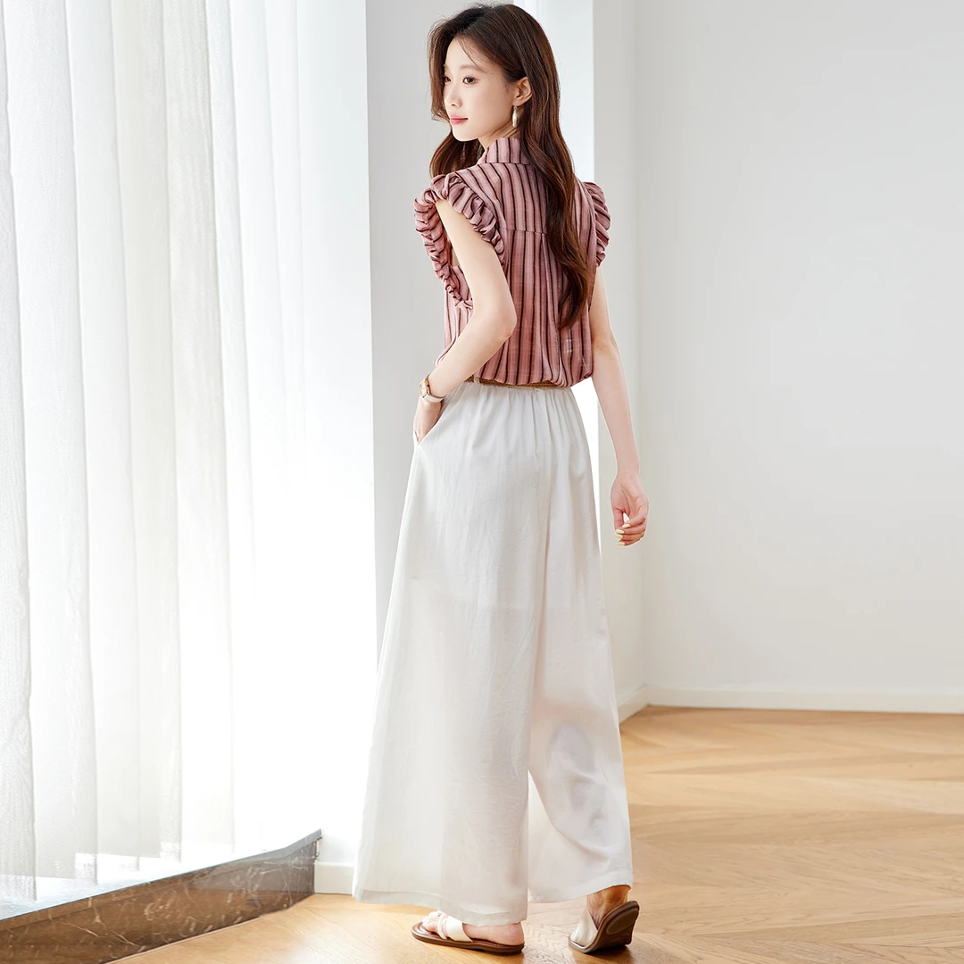 2025夏季新款时尚套装女高级感气质显瘦上衣条纹阔腿裤两件套穿搭