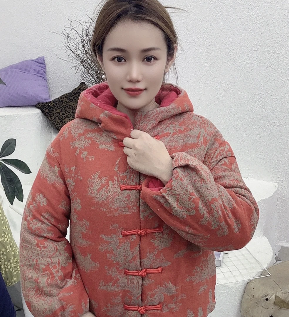 女士双层纱连帽款棉花棉袄
