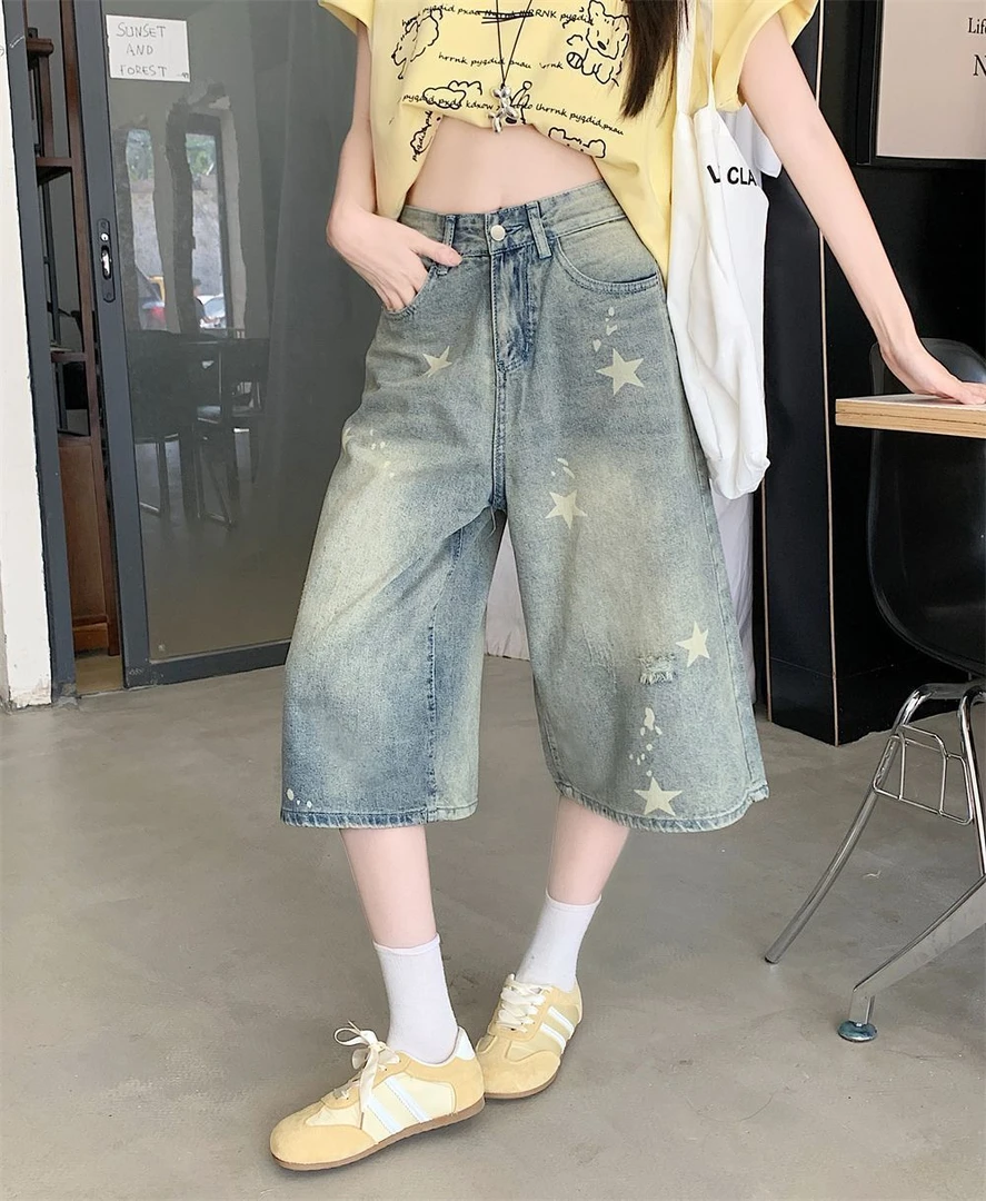 2025牛仔短裤女夏季新款美式复古做旧星星印花宽松显瘦超火七分裤