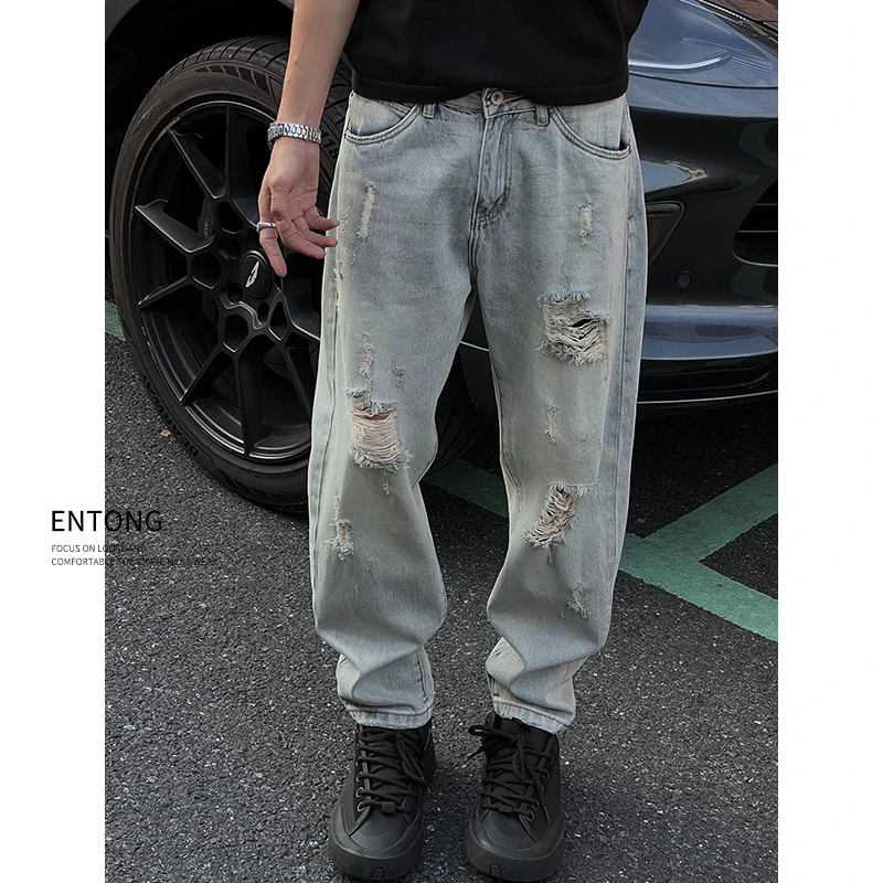 Entong美式街头潮牌微宽松显瘦破洞牛仔裤男生复古vibe直筒长裤子