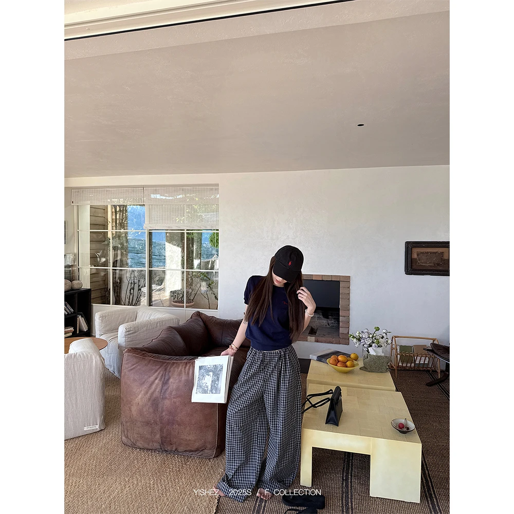 YISHEZ“百穿不腻”慵懒松弛感百搭格纹阔腿裤女低腰抽绳休闲长裤