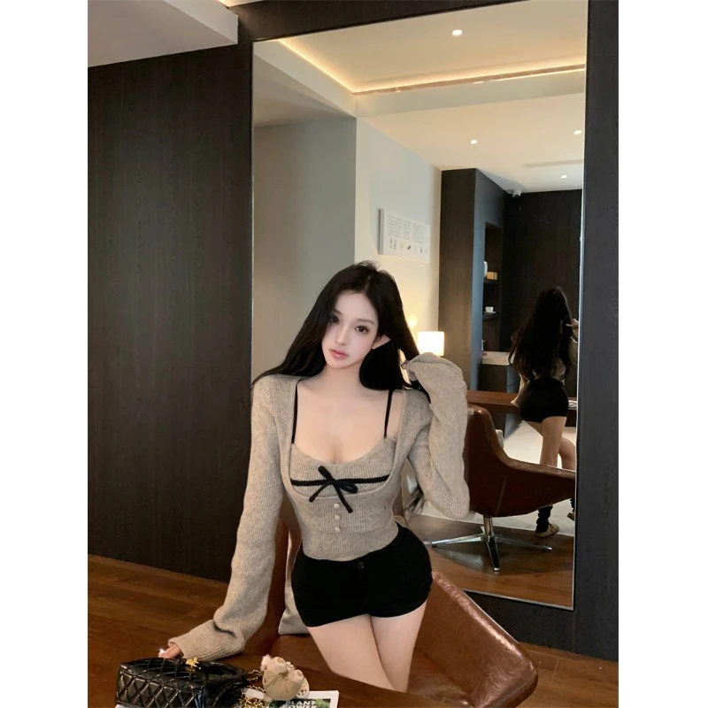 纯欲辣妹长袖针织衫女秋冬内搭打底衫高级感修身收腰紧身上衣吊带