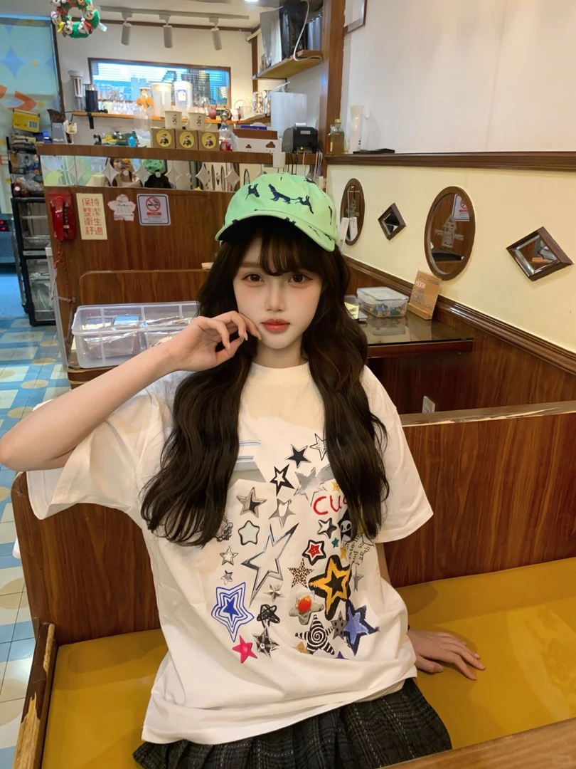 美式街头短袖t恤女夏季彩色星星印花重磅纯棉tee宽松情侣半袖上衣