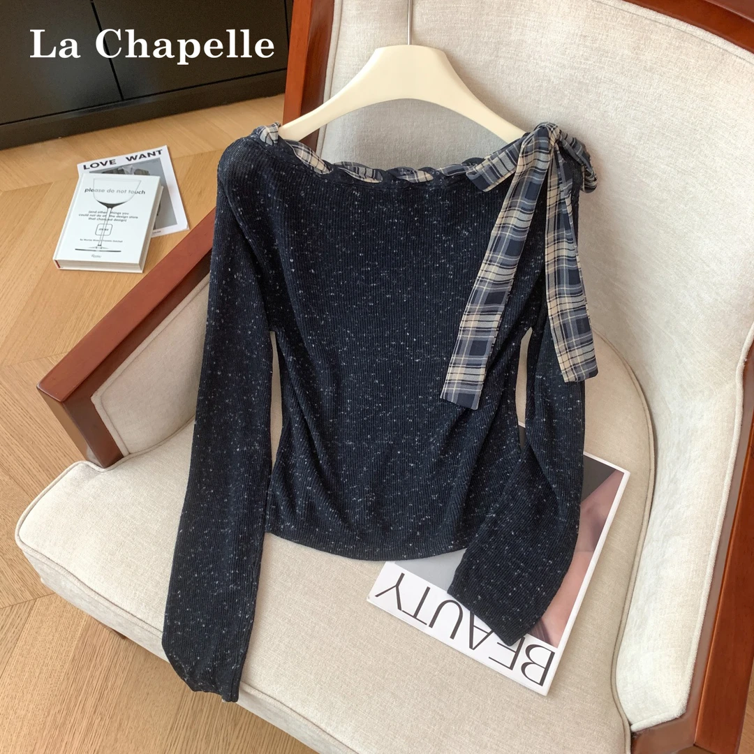 拉夏贝尔复古格纹飘带长袖针织衫女2025秋冬打底衫高级感气质上衣