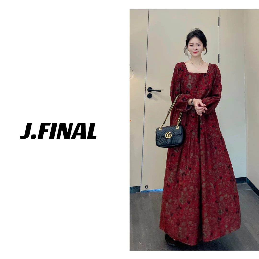 棉麻长袖连衣裙碎花宽松显瘦遮肚子A字大版印花遮肉女装连衣裙