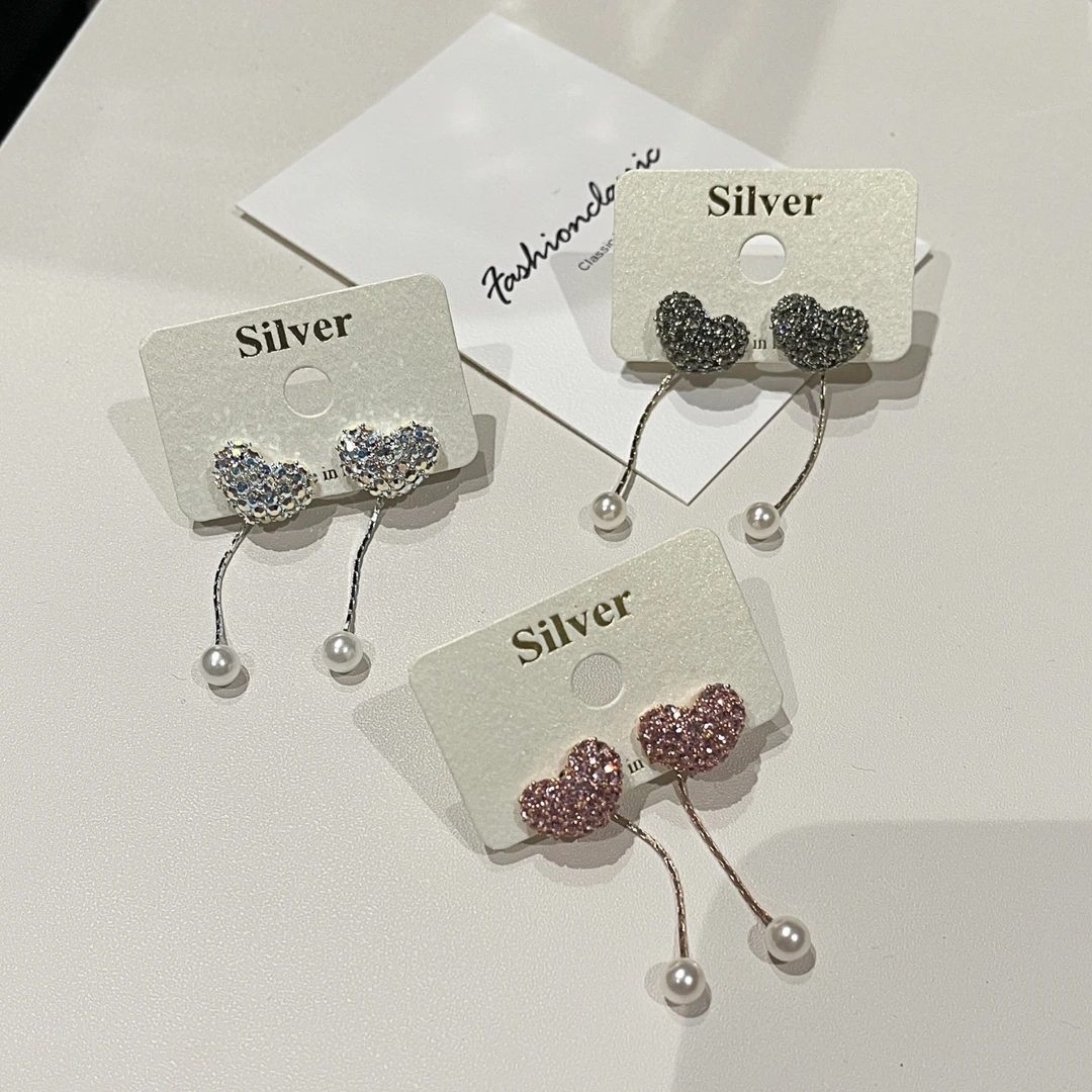 铜合金锆石耳饰 韩国同款心形爱心镶钻气质耳钉925防敏2025新