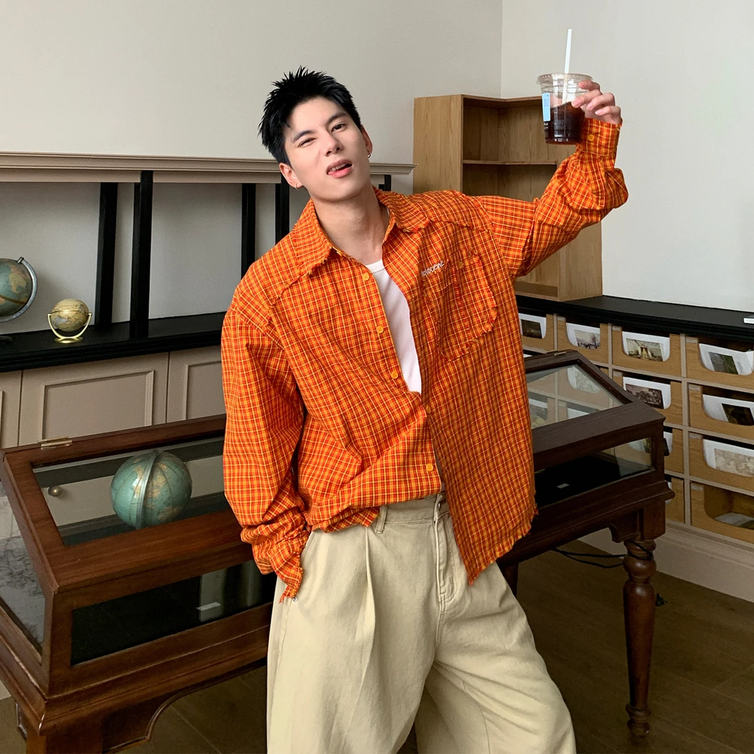 Holocene美式潮牌复古橙色纯棉格子衬衫秋季宽松情侣衬衣MC8607
