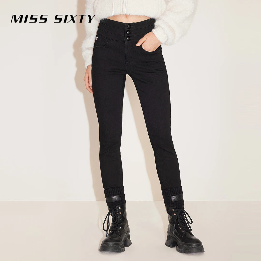 Miss Sixty牛仔裤女三环高腰黑色复合绒加厚修身显瘦