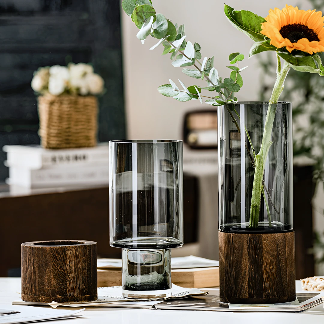 柚萝2025爆款玻璃花瓶木托高级感轻奢水养鲜花玫瑰插花器水培器皿