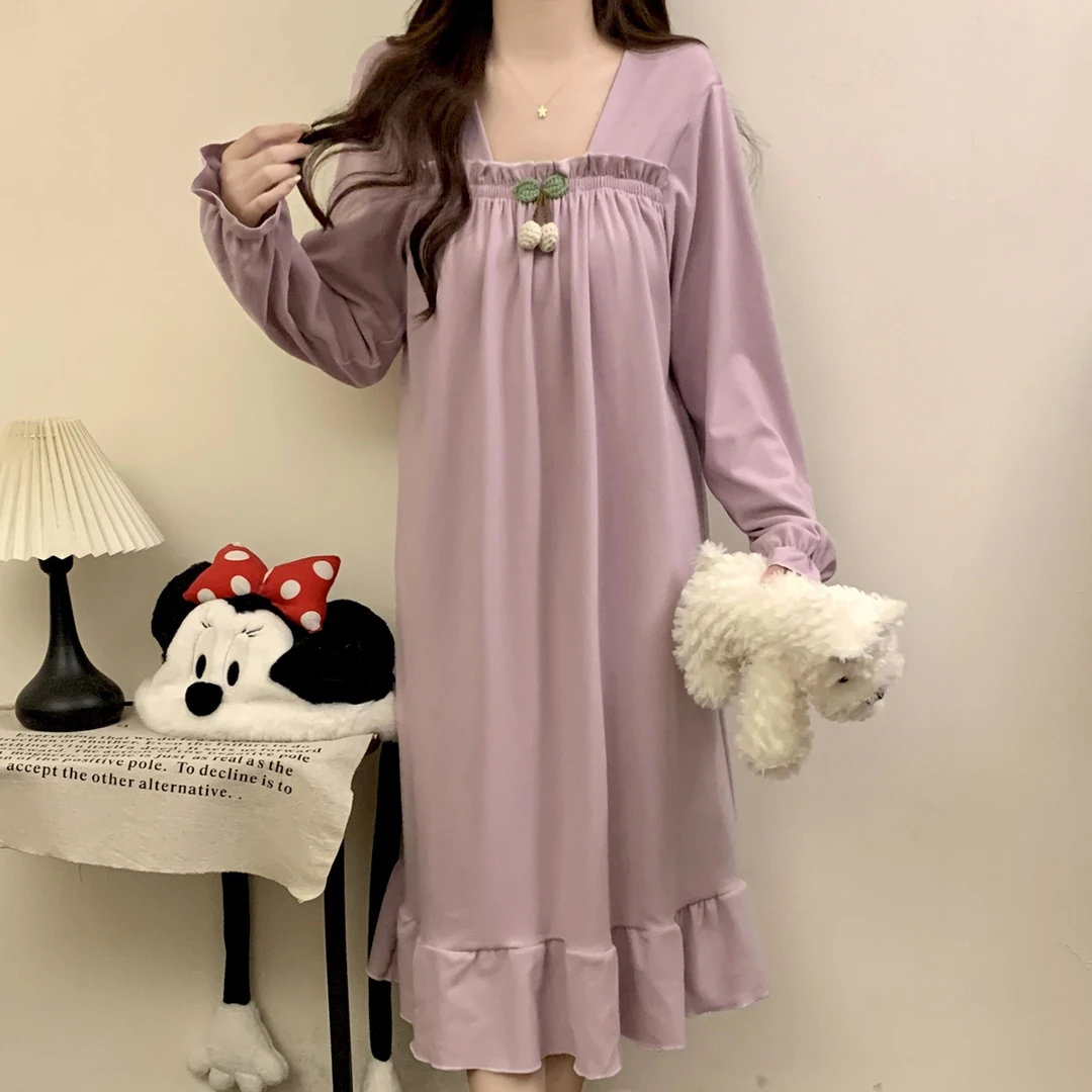 长袖睡裙女款秋冬季加厚双面德绒小性感芋香紫宽松公主风大码睡衣