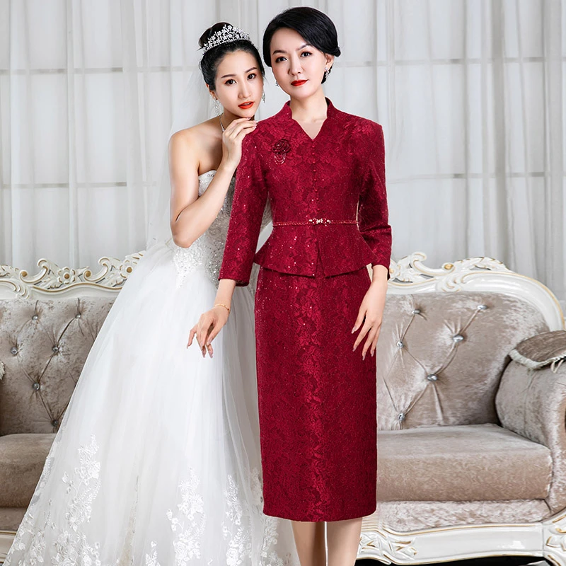 2004高端上档次年轻婆婆假两件中式酒红旗袍结婚喜妈妈婚宴装礼服