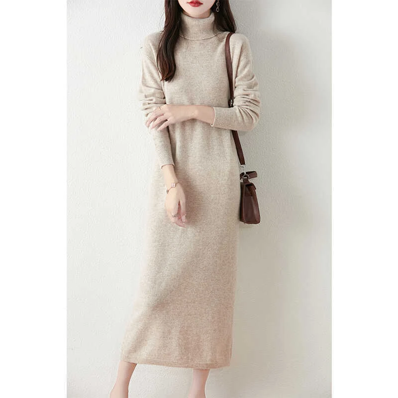 气质百搭高领中长款针织连衣裙女秋冬新品宽松显瘦打底过膝毛衣裙
