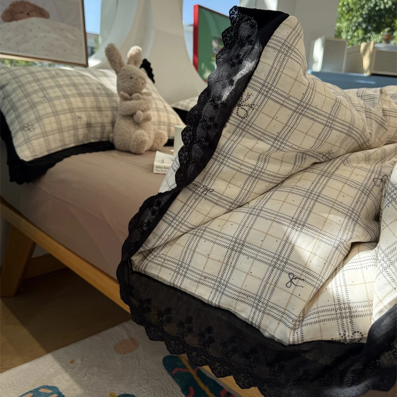 易安阁ins少女心咖色格子蝴蝶结花边双层纱四件套全棉1.5m1.8米