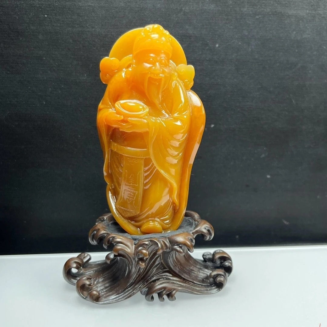 天然玉石精品珠宝原皮财神爷手玩件小摆件鸡油黄带皮送礼证书