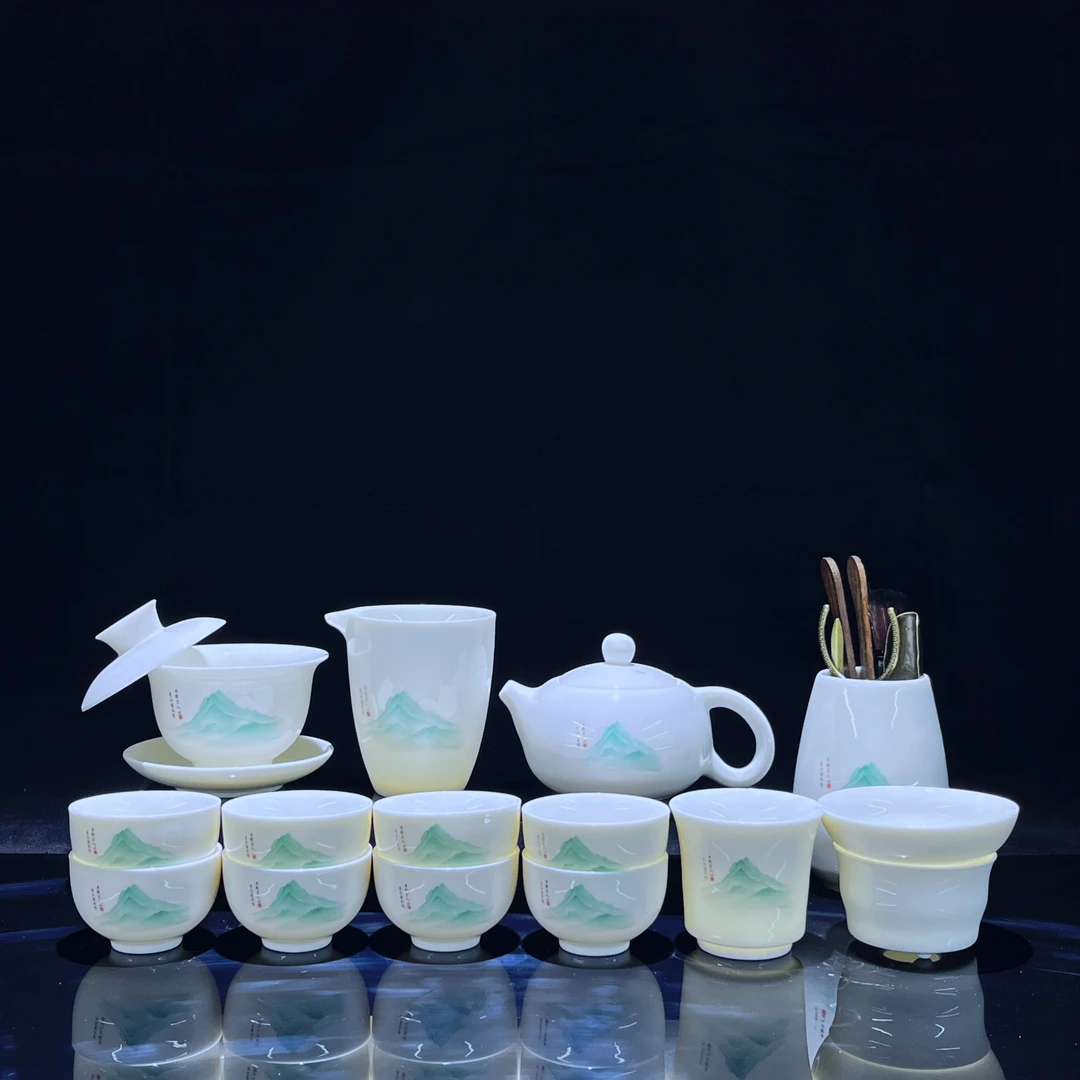 【闪购链接】新款茶壶款羊脂玉白瓷青山绿水功夫茶具套装家用