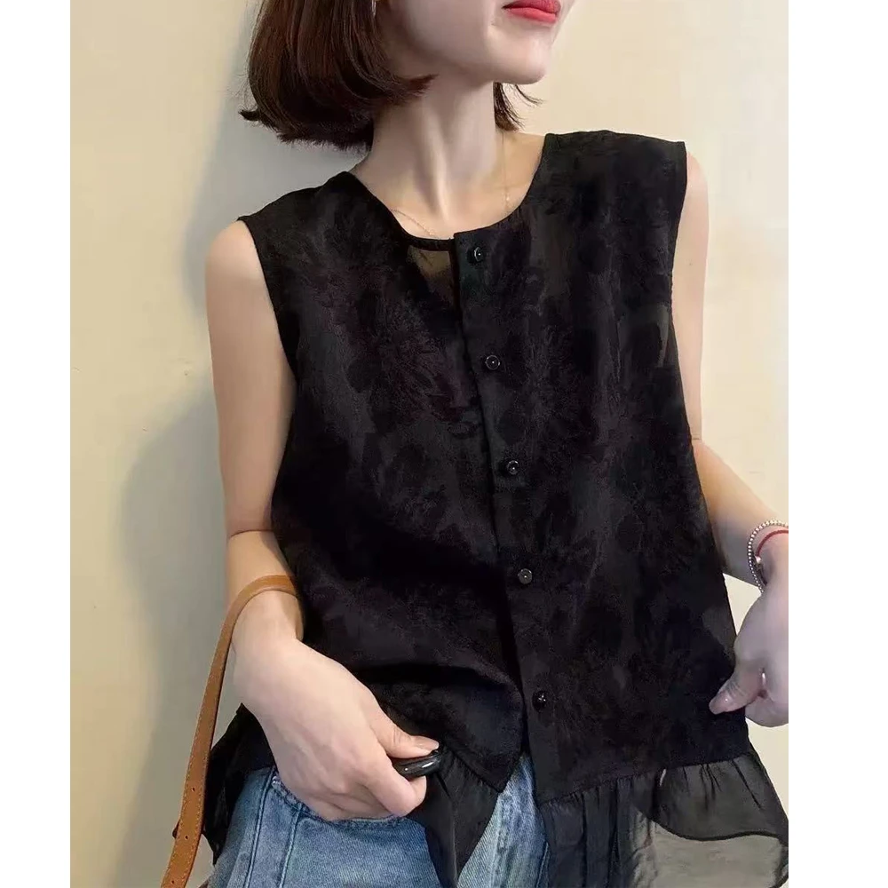 夏季新款气质百搭显瘦设计感提花暗纹背心无袖衬衫女款上衣8035