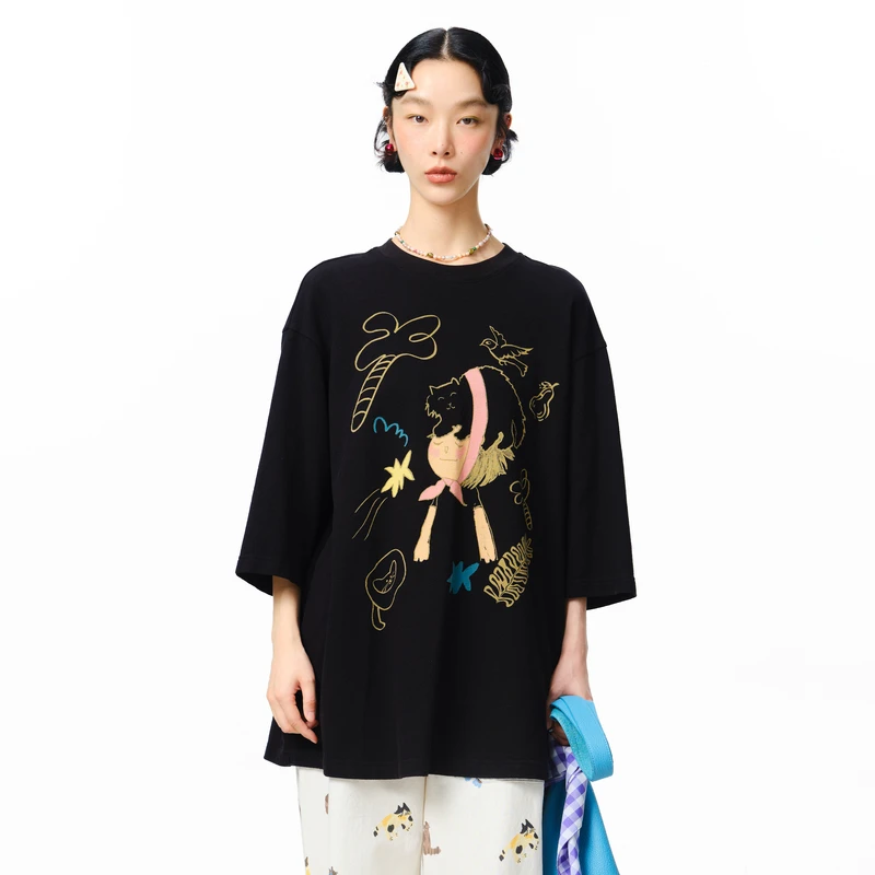 MOVEUP幻走2025秋季新款.FUN圆领印花小落肩中长款T恤女3EWQ10524