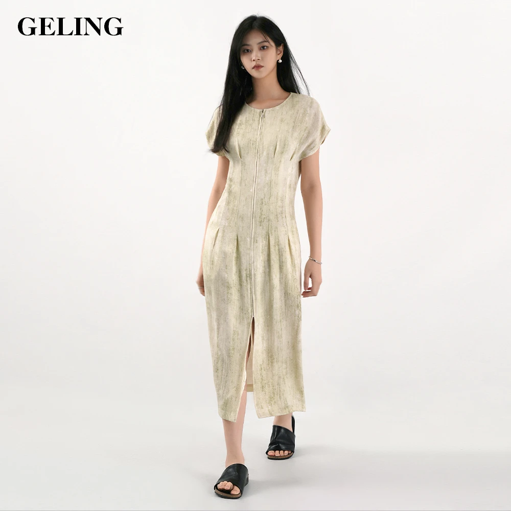 GELING/歌&玲2025新款拉链开襟炒色连衣裙开叉长裙G512X121L