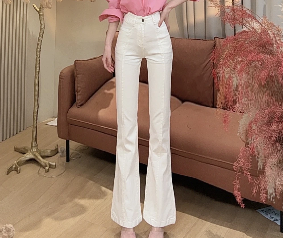 【美美专享】13558春季新款修身显瘦高腰微喇弹力牛仔裤女