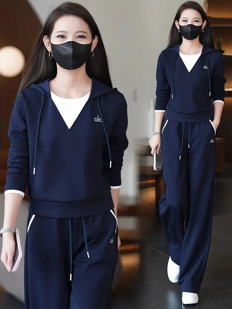 休闲运动套装女2025秋季新款洋气显瘦假两件连帽卫衣阔腿裤两件套