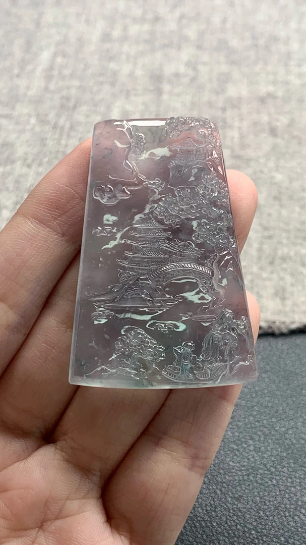 天然A货缅甸翡翠 山水牌 尺寸 : 50-34-5.9