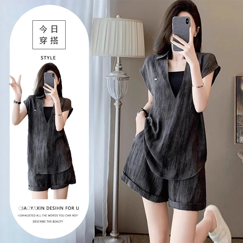 爆款套装女夏2025新款大码女装胖妹妹显瘦遮肉上衣高腰短裤两件套