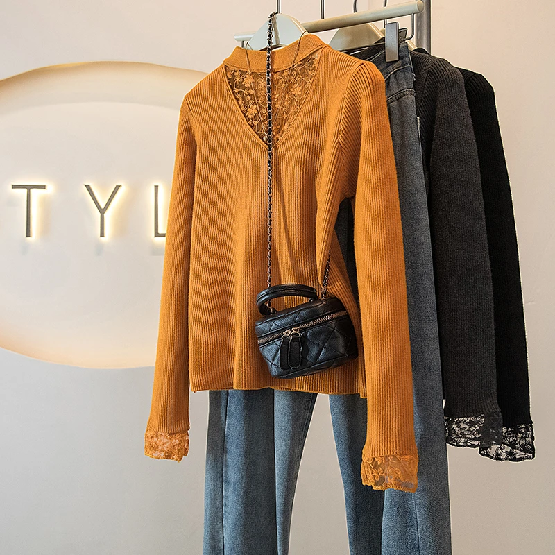 蕾丝拼接镂空针织打底衫女内搭秋冬大码胖mm显瘦高级独特气质上衣