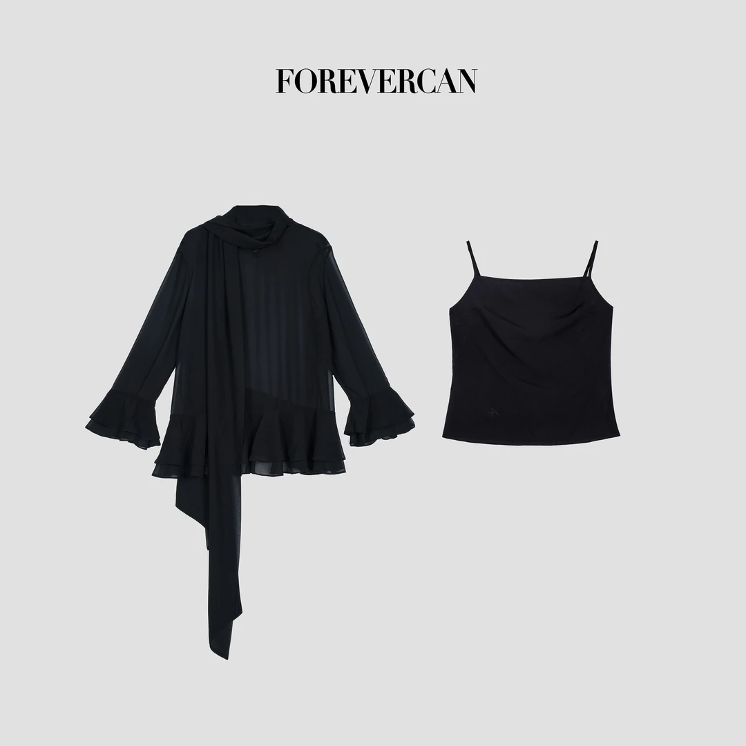 FOREVERCAN“圣日尔曼”一体式飘带多元系法微透喇叭袖上衣 ST23337