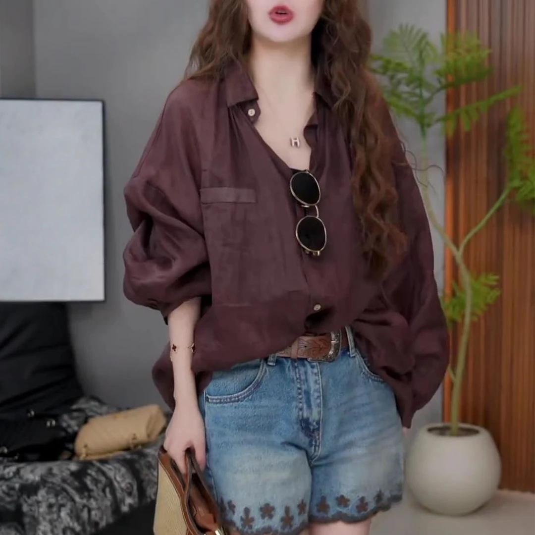纯色简约老钱风女装防晒衬衣2025夏季新款时尚百搭高级感翻领衬衫