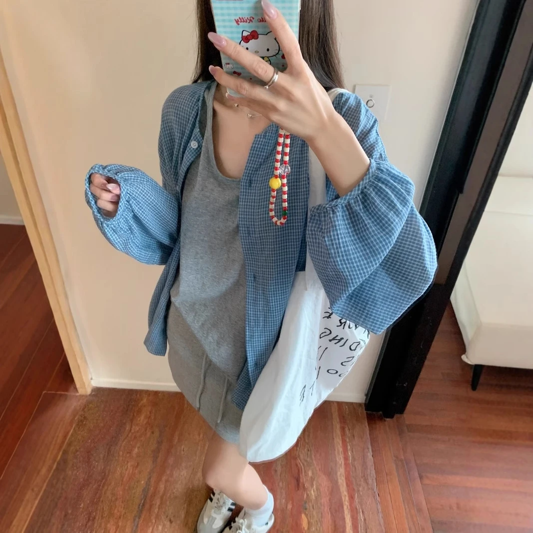 新款现货实拍2025韩系格子宽松衬衣女＋宽松百搭休闲背心两件套