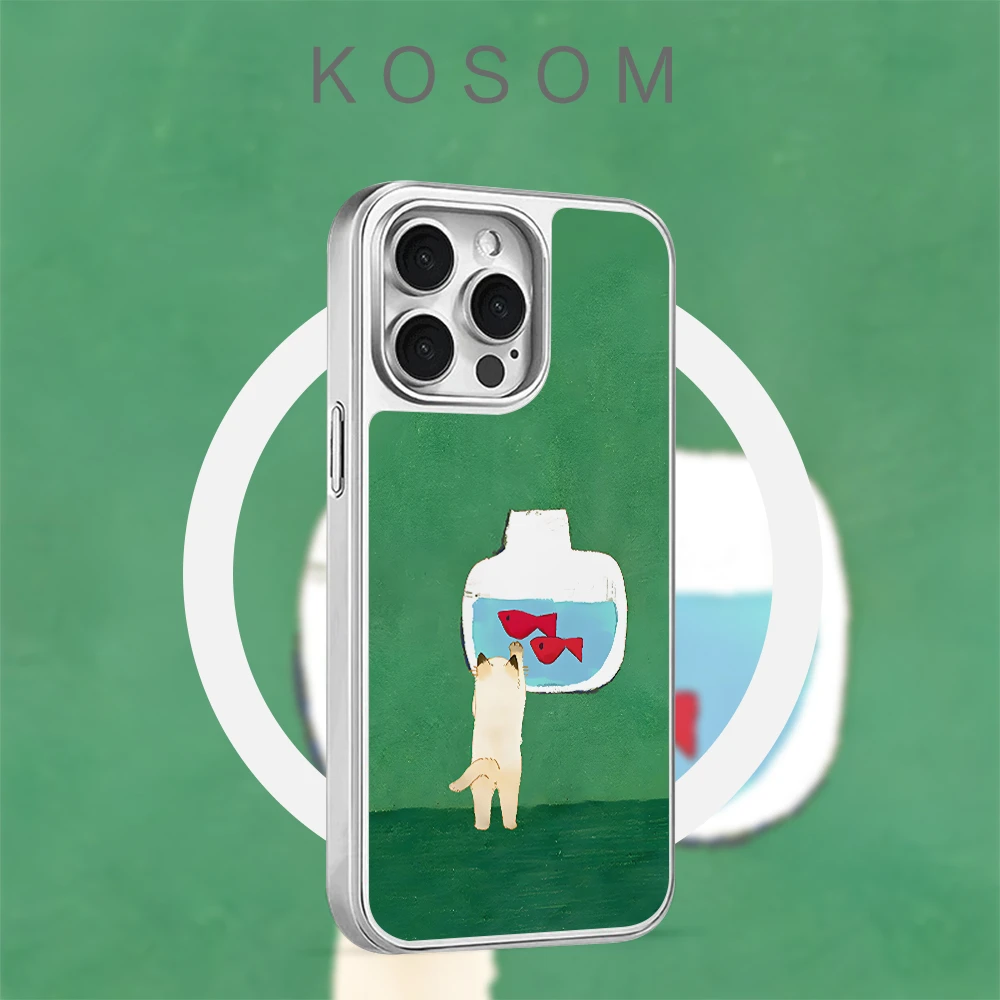 抓鱼小猫咪磨砂磁吸电镀壳苹果16promax/15小众高级防摔17pro