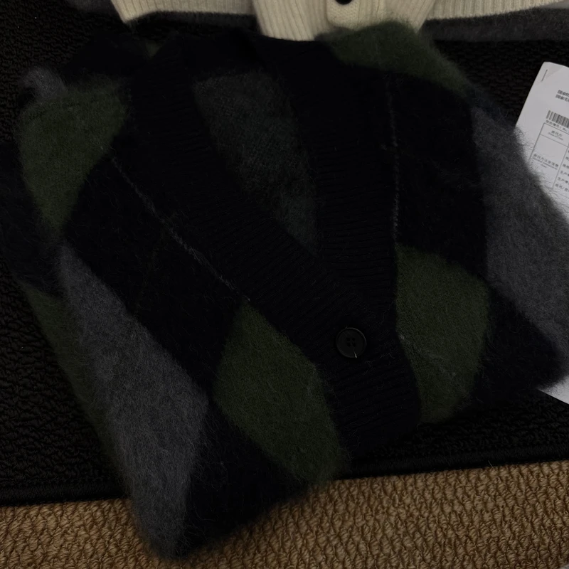 绿格~100纯羊毛《衣长62胸围62》拉绒工艺外套毛衣女FF31