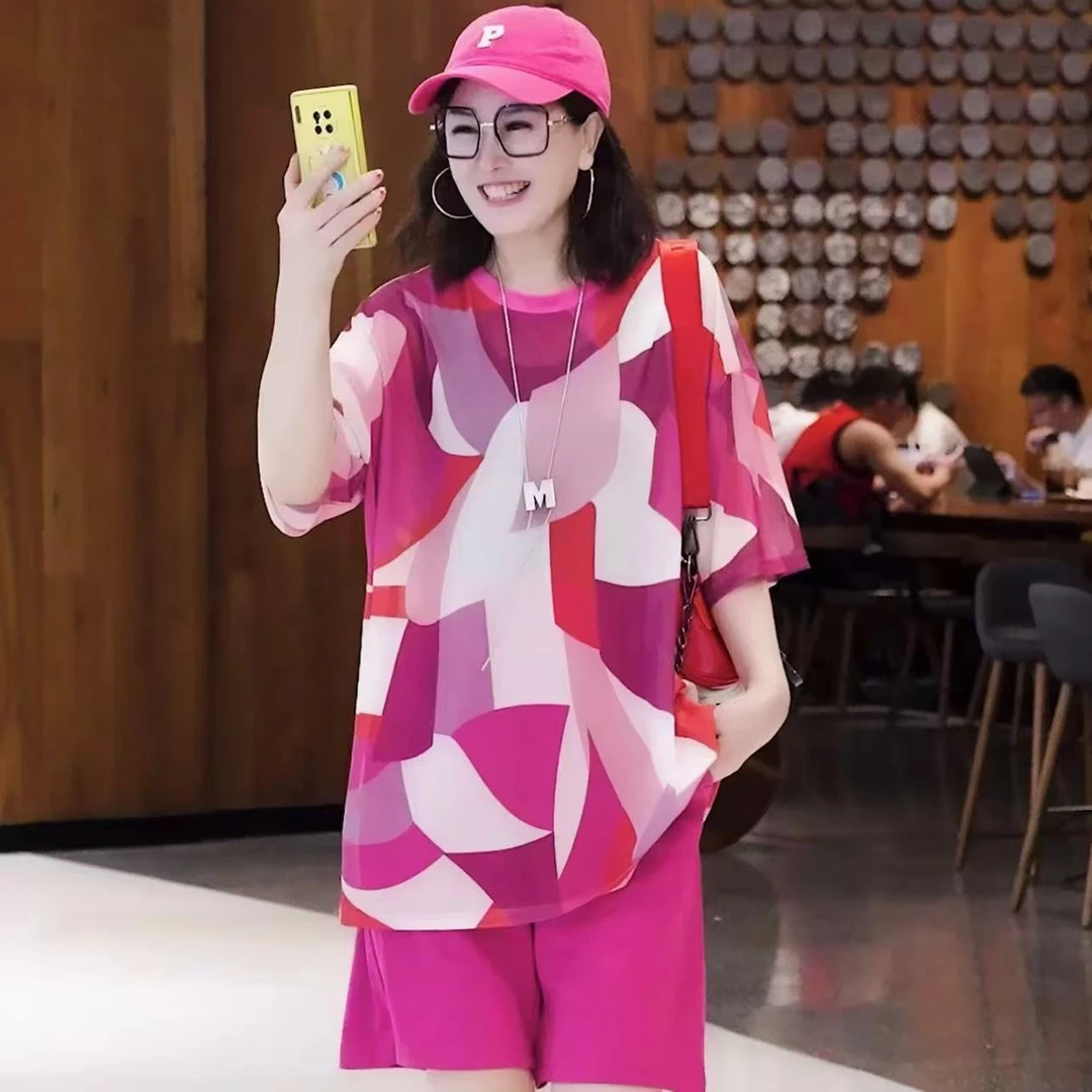 几何粉2025新冰丝款大码女装百搭宽松T恤上衣显瘦t恤气质长袖