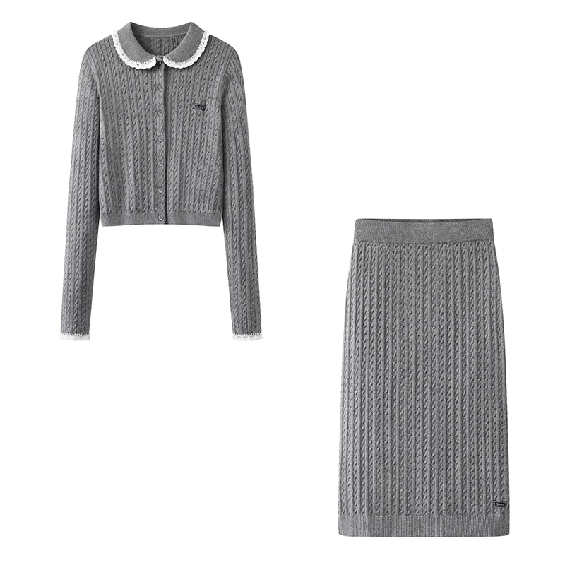 【Y2761】新款钩花娃娃领复古千金风绞花针织衫上衣女中长款半裙女