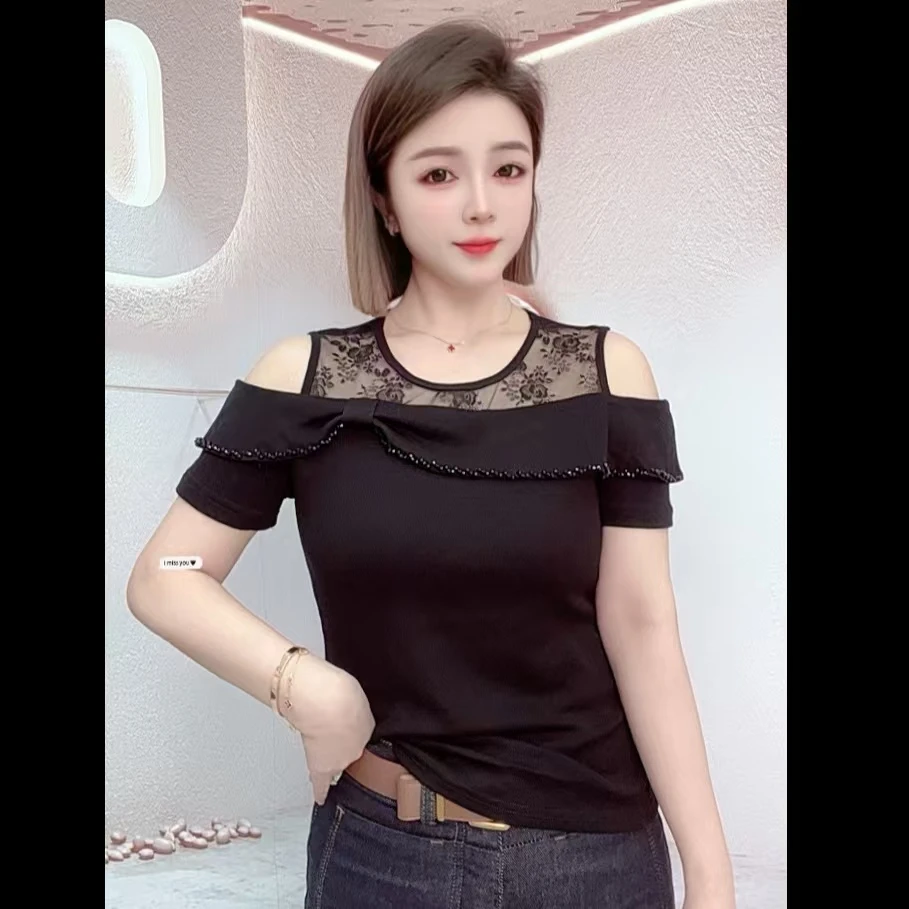 【韩紫朵 】2025夏季圆领洋气漏肩时尚百搭t恤显瘦短袖93529