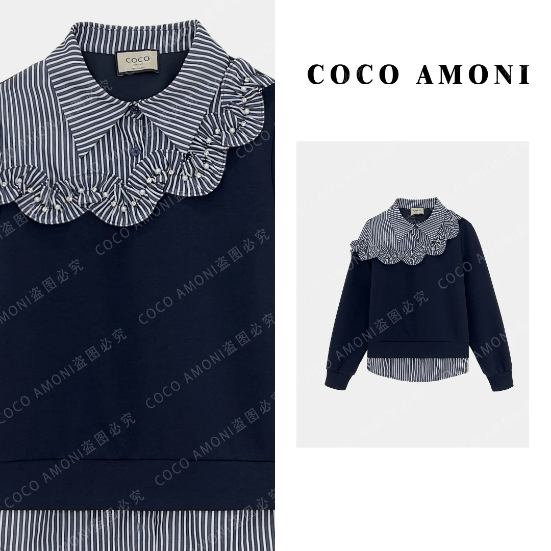 [曼姐]新款气质假两件拼接刺绣立体花朵百搭长袖卫衣ZD139