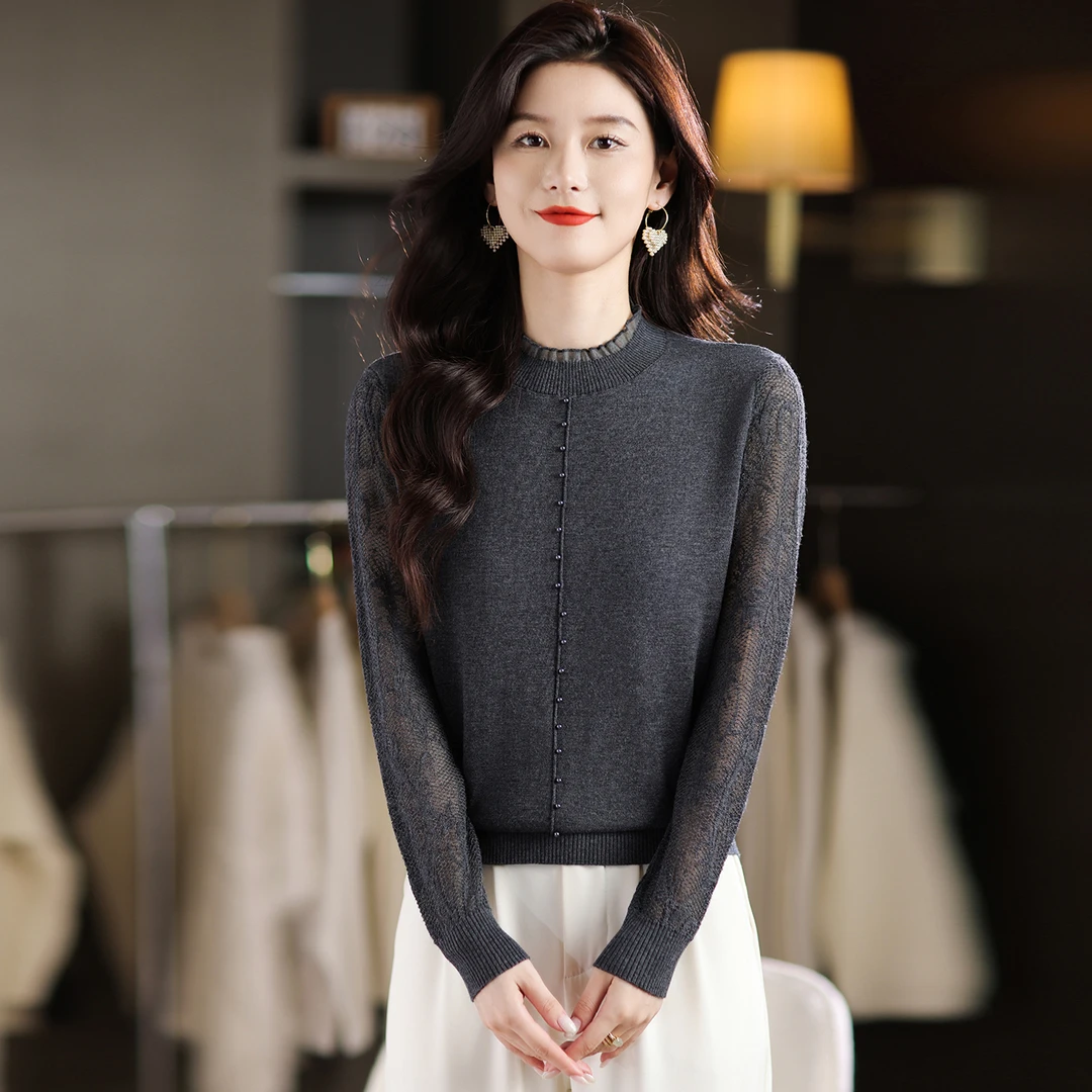 蕾丝镂空长袖针织衫女士秋装2025新款薄款内搭上衣洋气毛衣打底衫