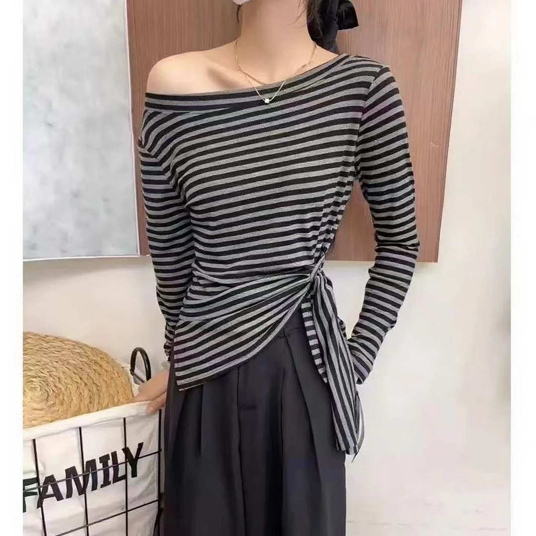 2025早秋新款韩系下摆不规则开叉收腰设计感显瘦百搭斜肩长袖恤