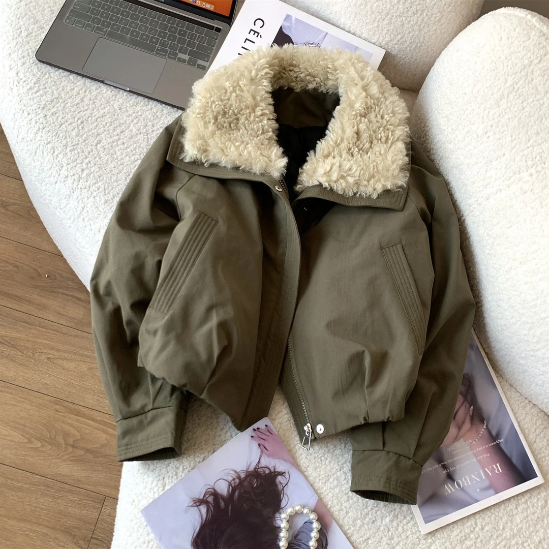 拉夏贝尔时尚大翻领短外套女2025冬季新款韩系减龄宽松派克服夹克