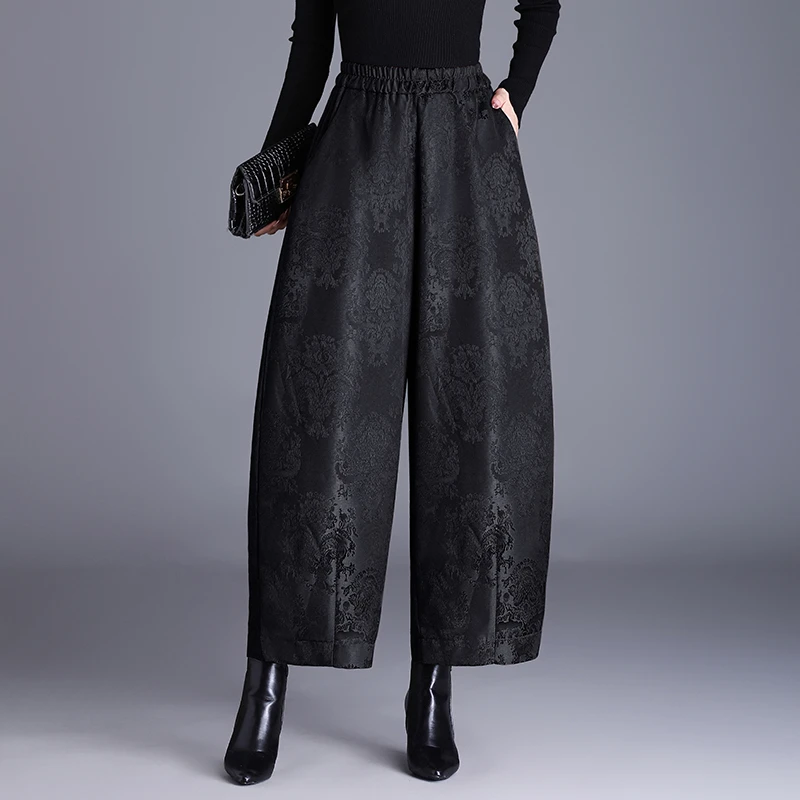 国风提花显时尚亮黑色阔腿裤女士秋冬新款九分花苞裤宽松休闲直筒