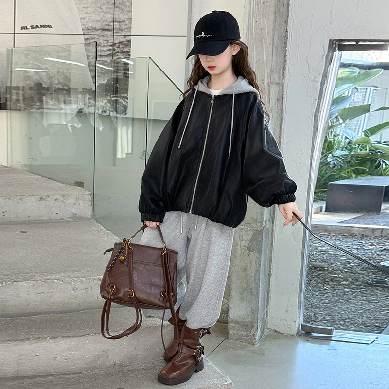 女童皮衣外套春秋2025新款洋气时髦儿童装大童休闲连帽夹克上衣