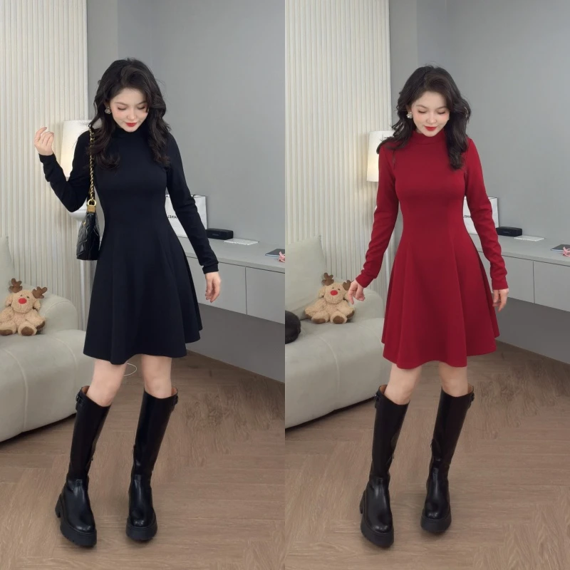 Saeda品牌女装优雅小高领收腰显瘦A字连衣裙短裙YF10157