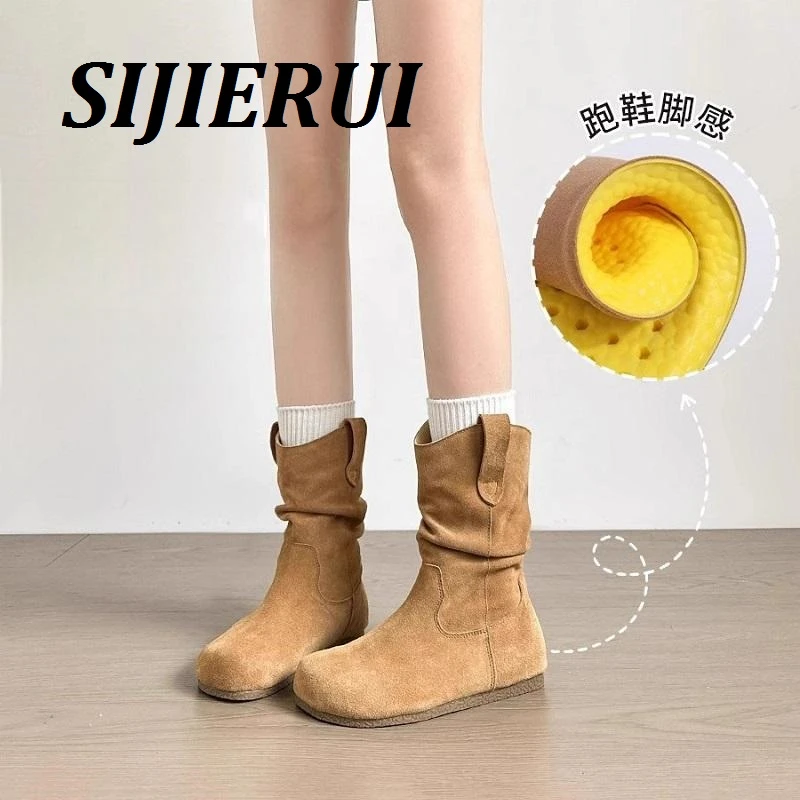 SIJIERUI短靴女褶皱堆堆靴2025年秋季新款美拉德勃肯西部牛仔靴女