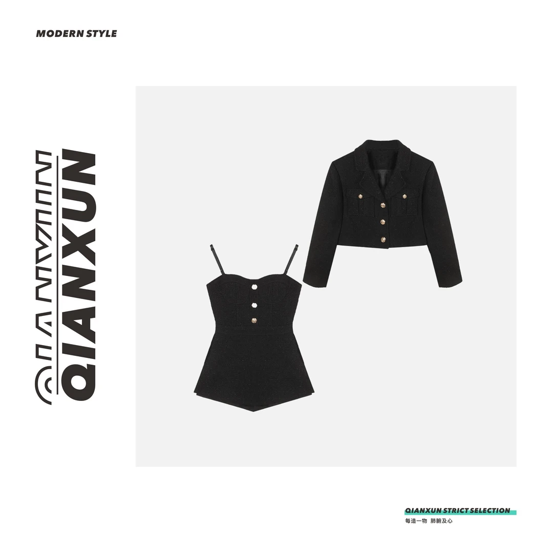 「元英妹妹」经典黑色商务西装外套优雅金色纽扣吊带裙套装C4TZ5150