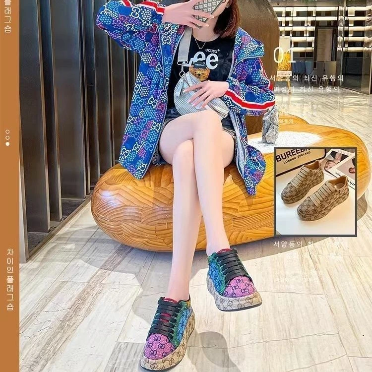 刺绣爆款女鞋2025春秋新款满钻松糕鞋女厚底印花水钻休闲运动板鞋